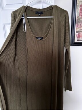 Lulu's Olive Ribbed Tank and Long Cardigan Set